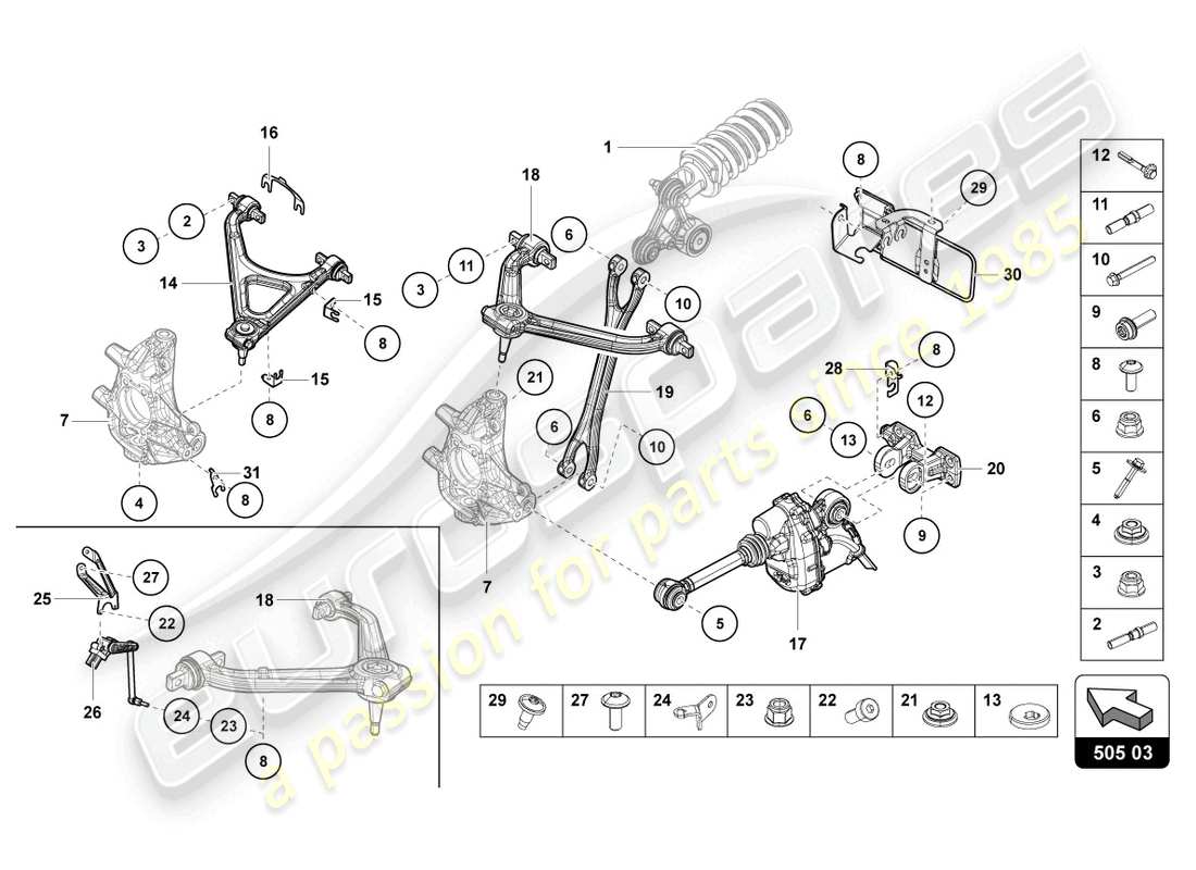 lamborghini lp740-4 s coupe (2020) schema delle parti sospensione posteriore