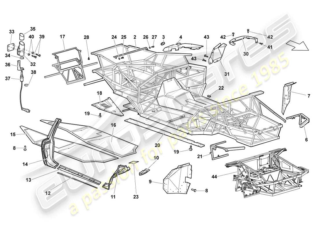 lamborghini murcielago coupe (2005) diagramma delle parti del telaio