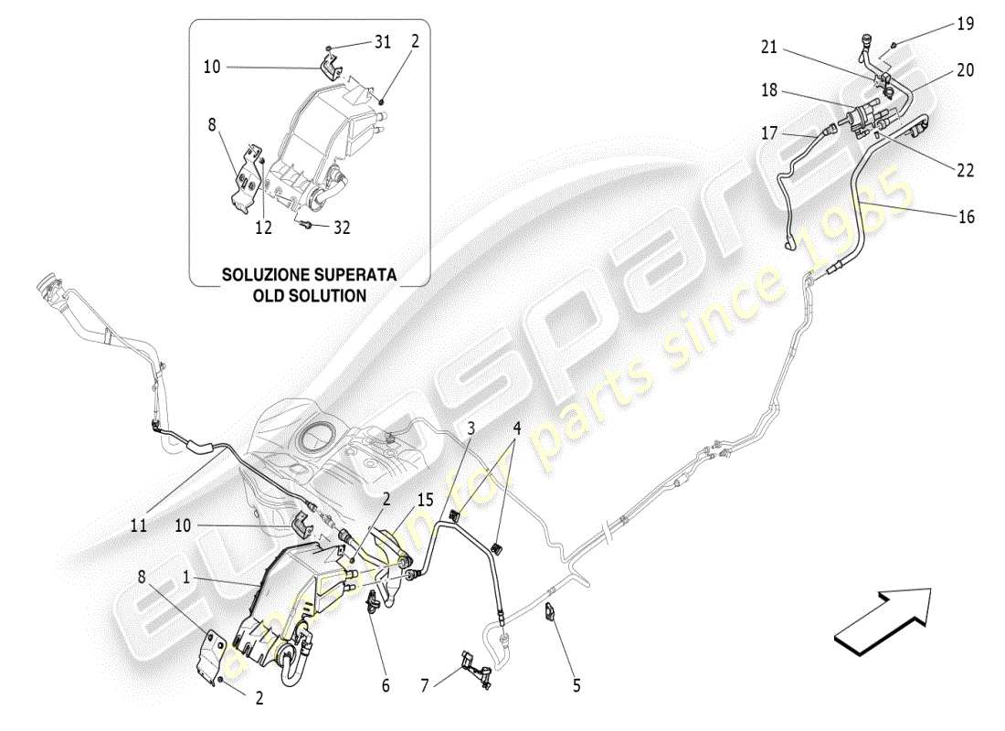 maserati ghibli (2021) diagramma delle parti del sistema di ricircolo dei vapori di carburante