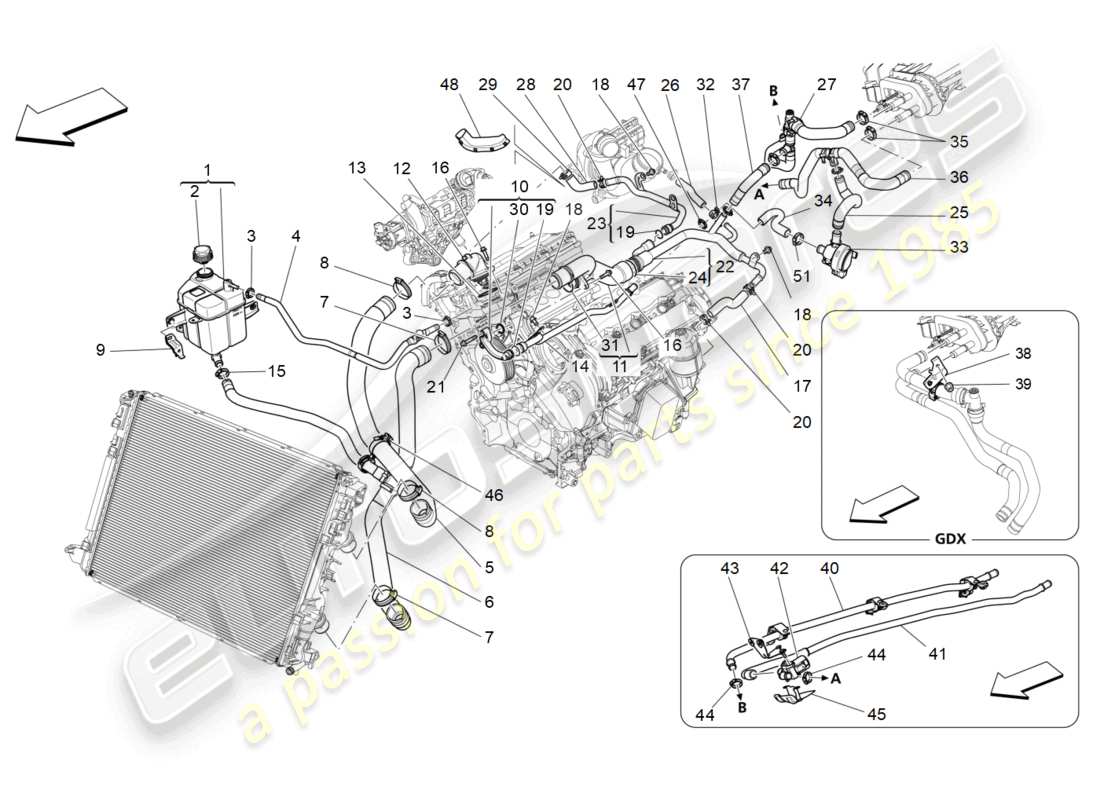 maserati quattroporte (2018) sistema di raffreddamento: diagramma delle parti di nourice e linee