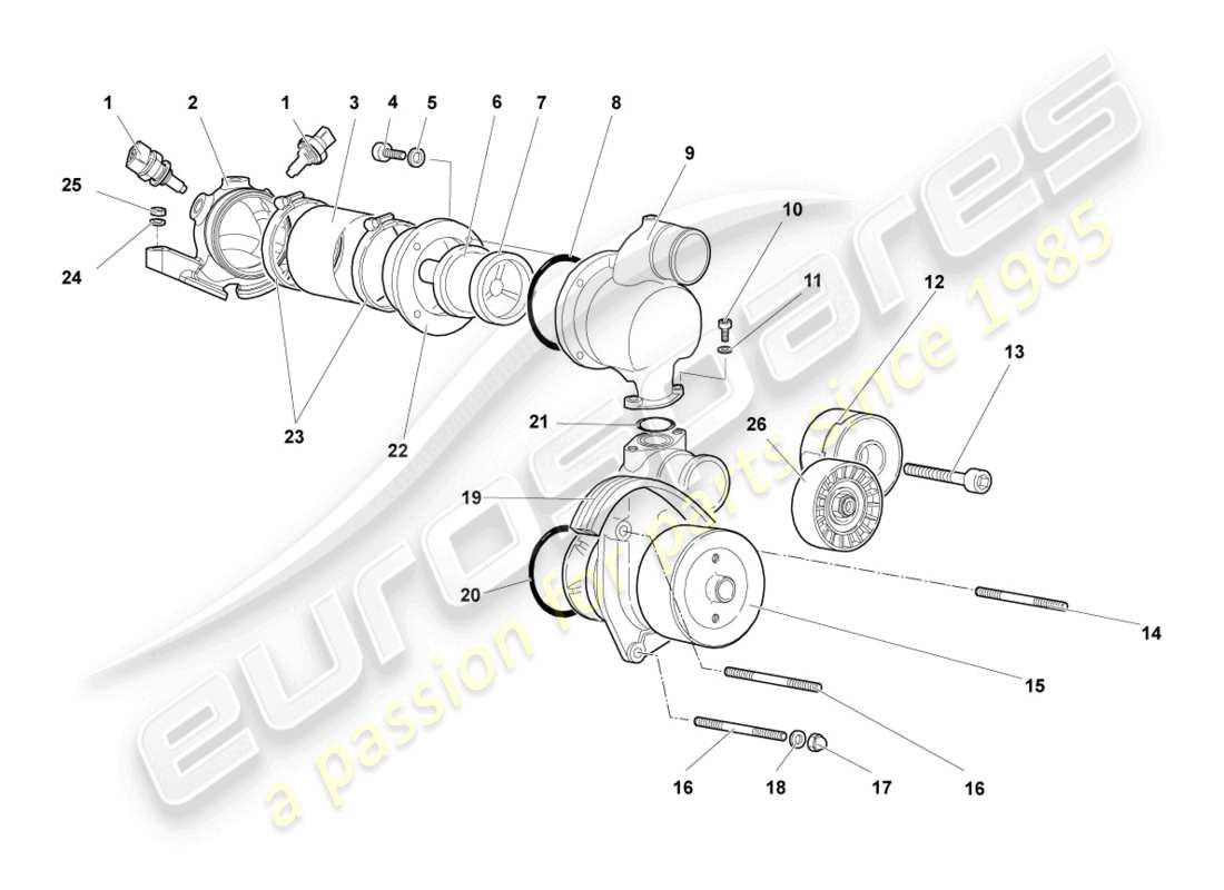 lamborghini murcielago roadster (2006) schema delle parti della pompa del liquido di raffreddamento