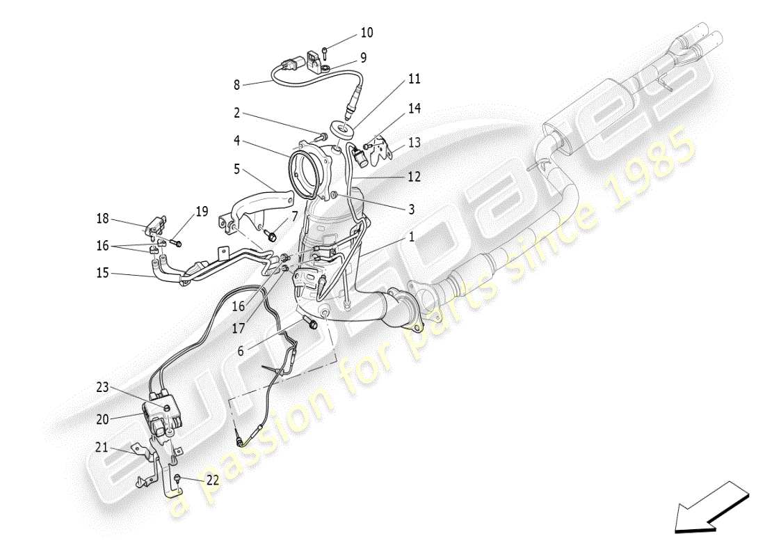 maserati ghibli (2021) diagramma delle parti dei convertitori pre-catalitici e dei convertitori catalitici