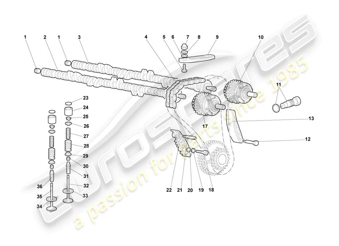 lamborghini murcielago coupe (2006) schema delle parti albero a camme, valvole sinistra