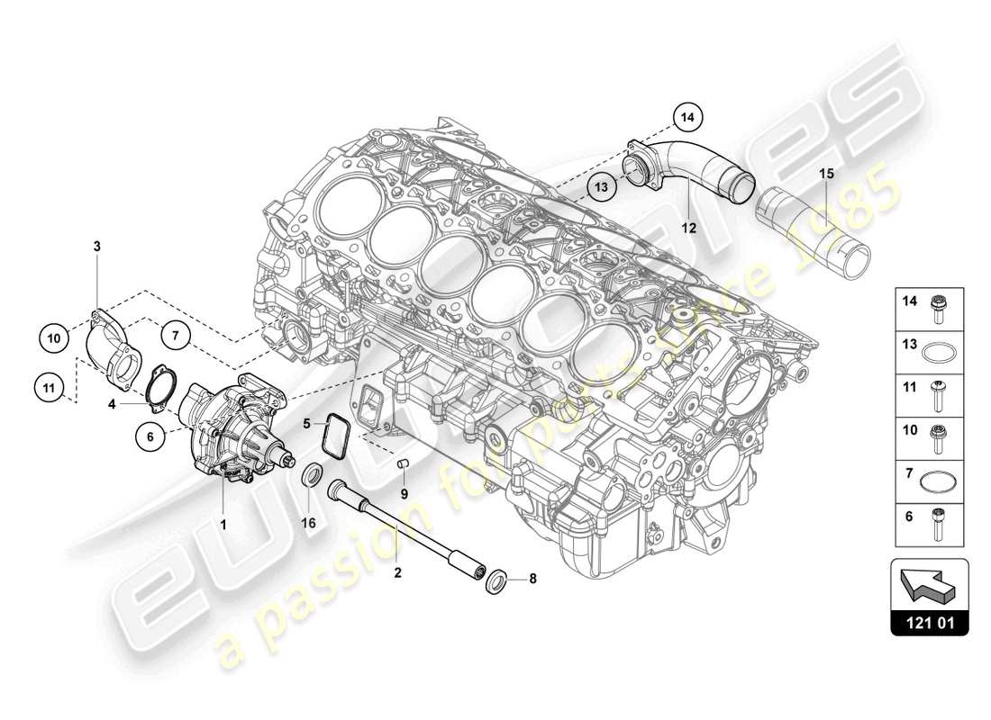 lamborghini 2019 (lp740-4 s coupe) schema delle parti della pompa del liquido di raffreddamento