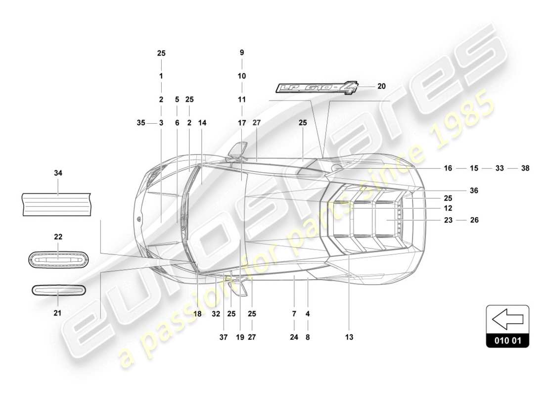lamborghini evo coupe 2wd (2020) iscrizioni/lettere diagramma delle parti