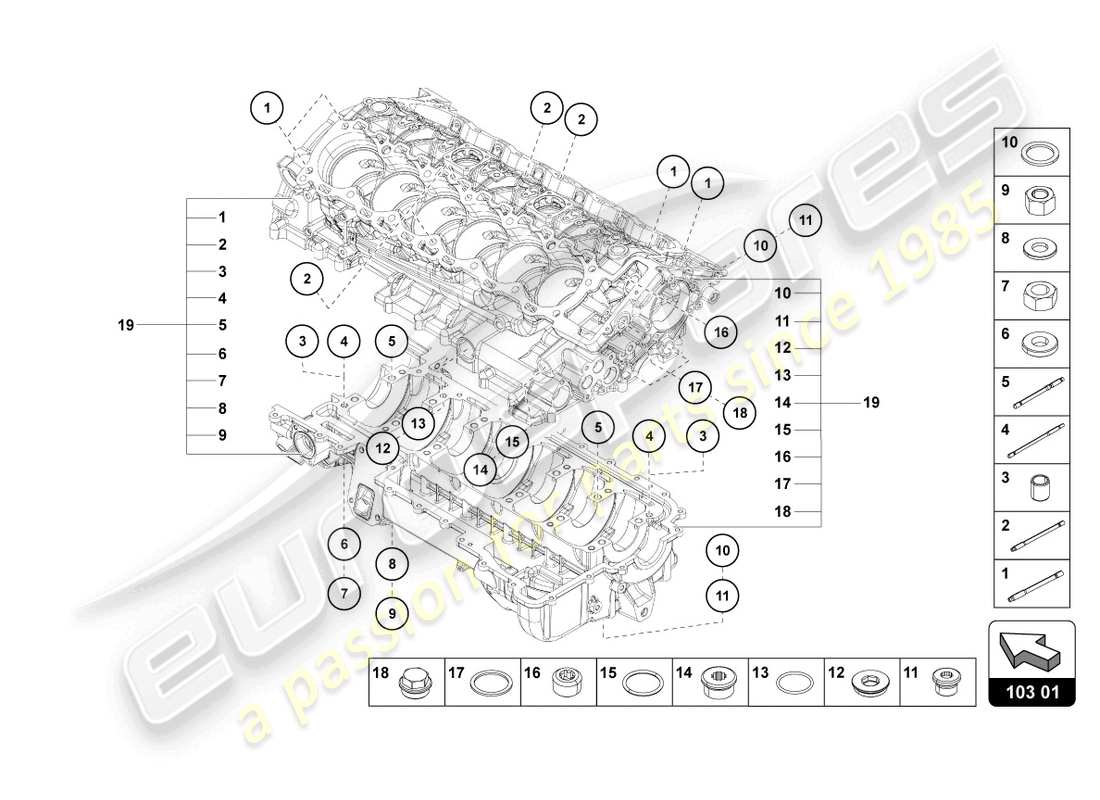 lamborghini 2013 (lp700-4 roadster) schema delle parti del blocco motore