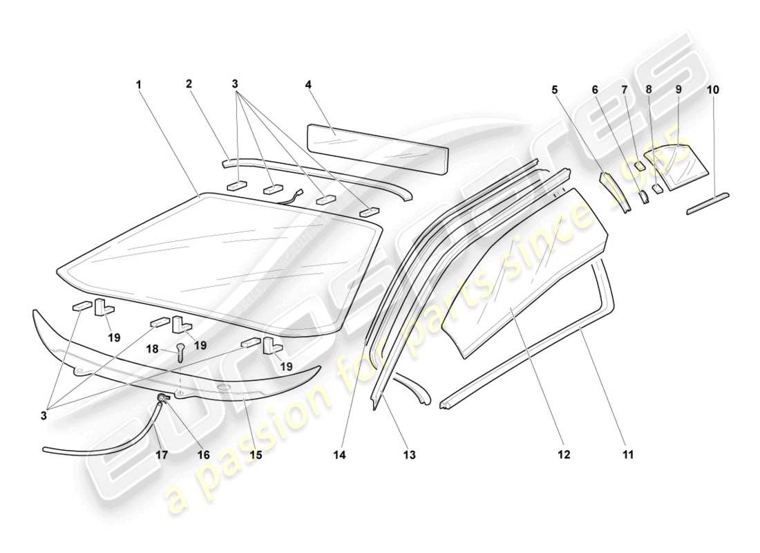 lamborghini murcielago coupe (2002) occhiali da finestra schema delle parti