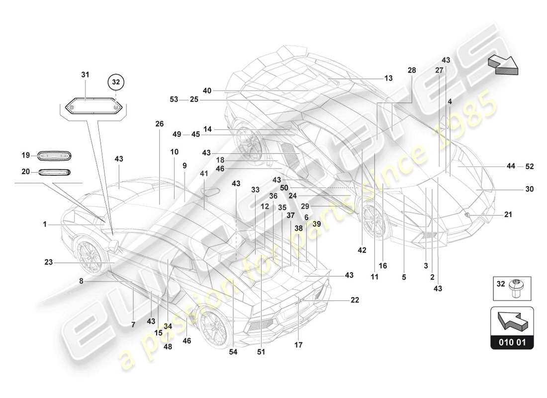 lamborghini lp770-4 svj roadster (2020) tipo targhe diagramma delle parti