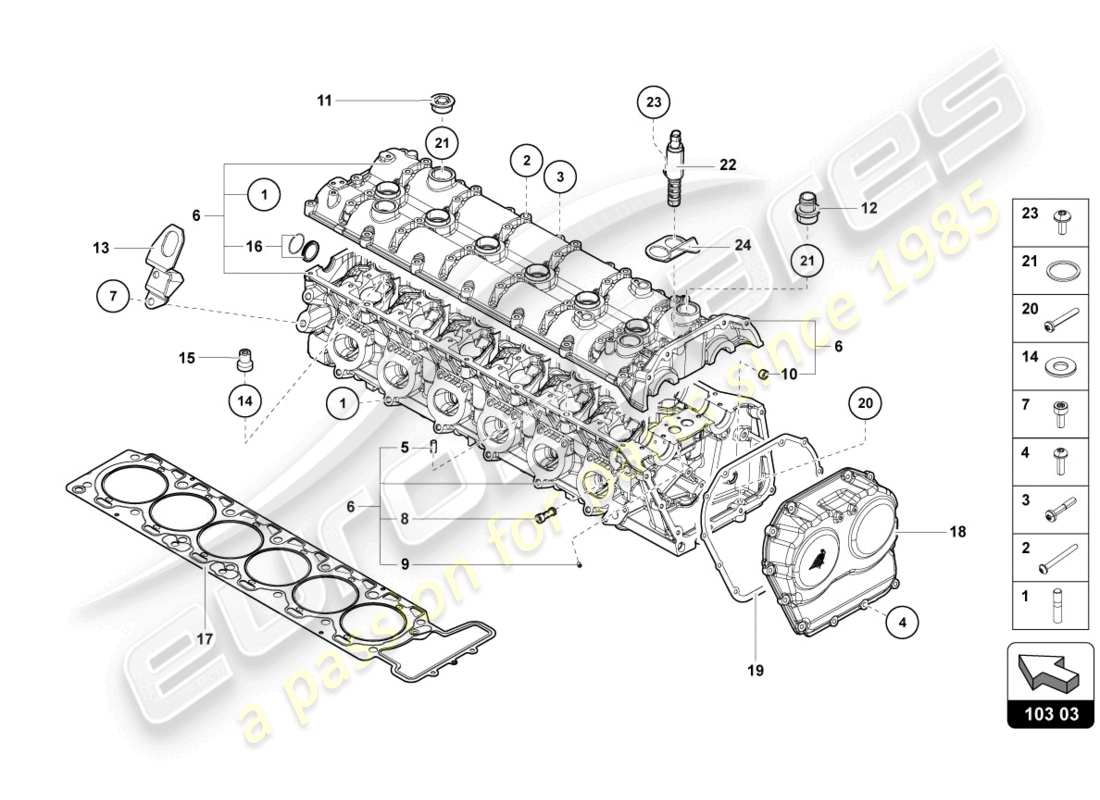 lamborghini 2015 (lp720-4 roadster 50) testa cilindro con prigionieri e manicotti di centraggio schema delle parti