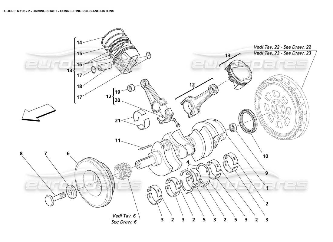 maserati 4200 coupe (2003) schema delle parti di bielle e pistoni dell'albero motore