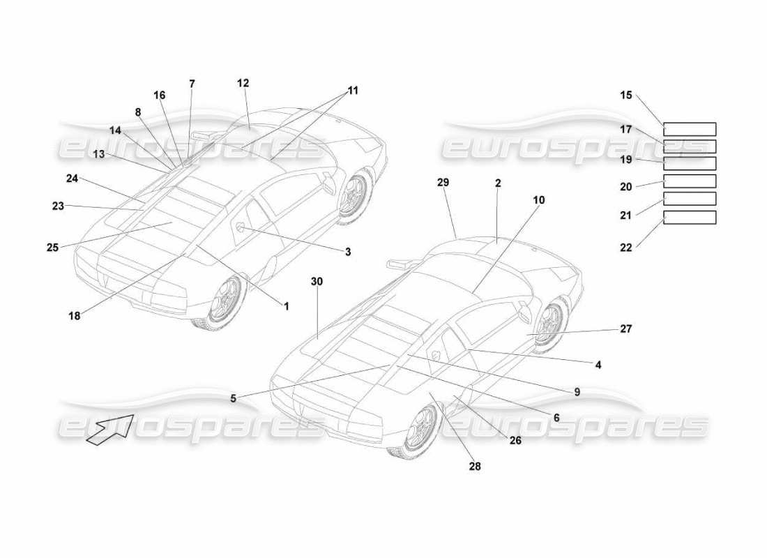 lamborghini murcielago lp670 targhette diagramma delle parti