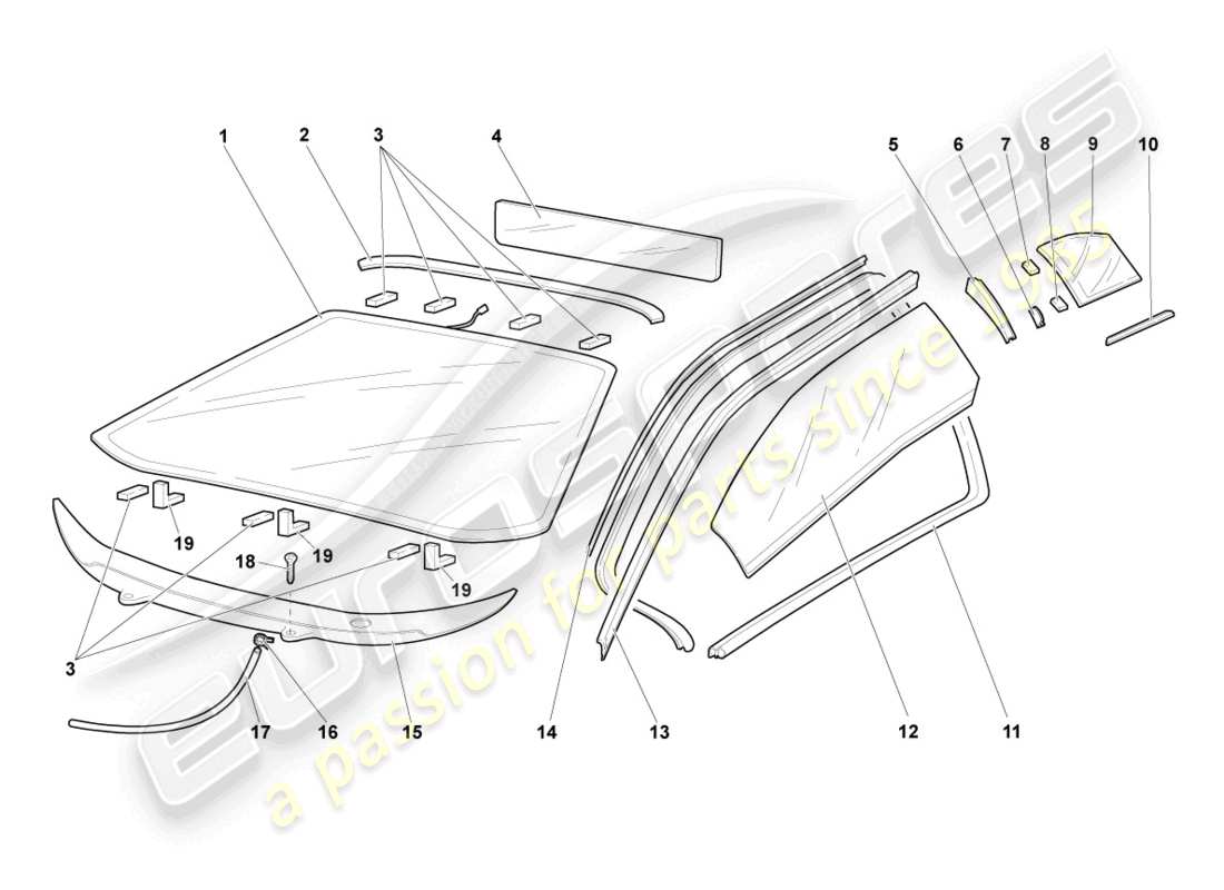 lamborghini murcielago coupe (2003) occhiali da finestra schema delle parti