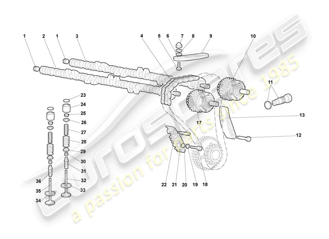 lamborghini murcielago coupe (2003) schema delle parti albero a camme, valvole sinistra