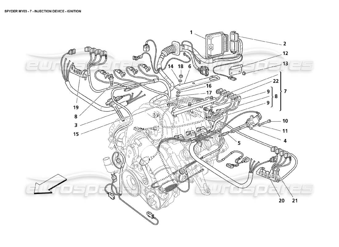 maserati 4200 spyder (2003) dispositivo di iniezione - schema delle parti di accensione