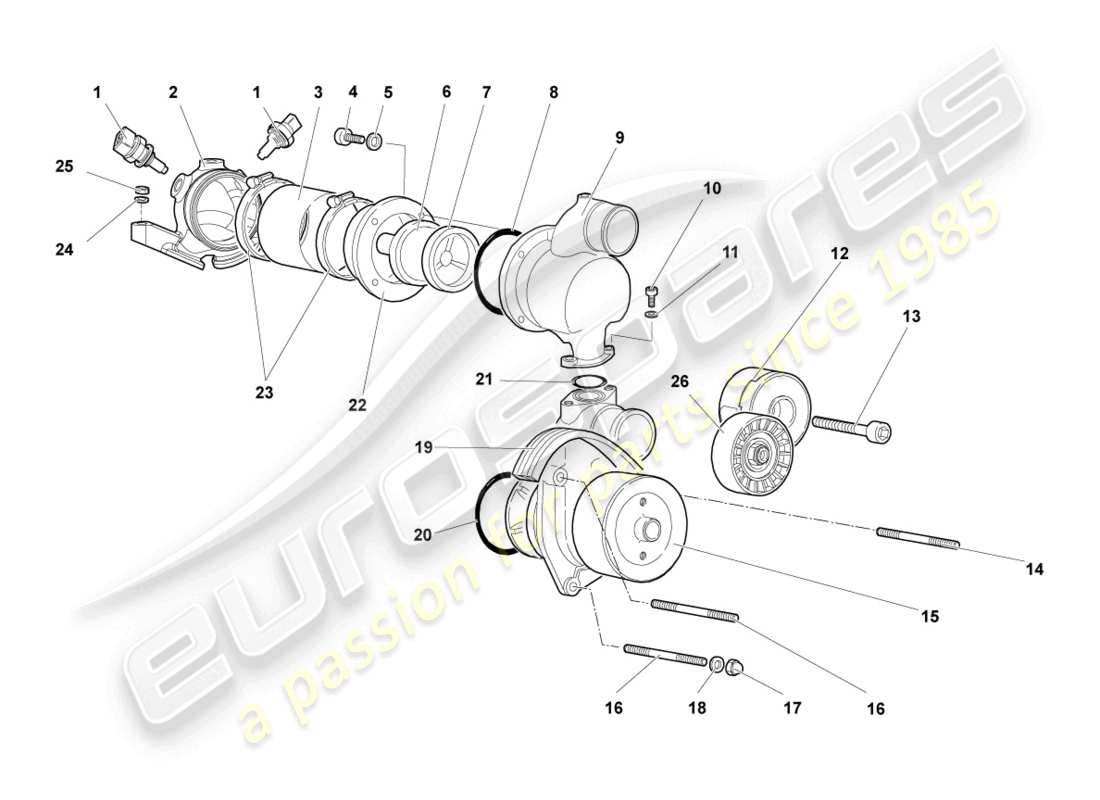 lamborghini murcielago coupe (2003) schema delle parti della pompa del liquido di raffreddamento