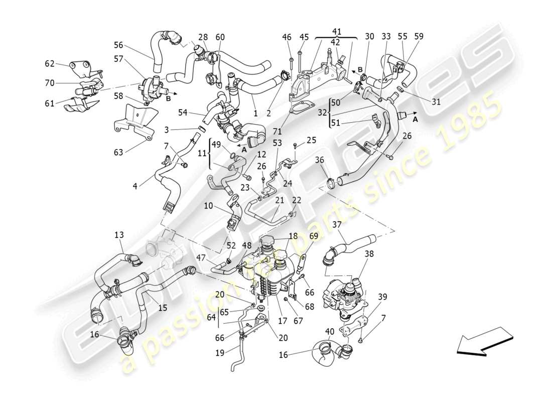 maserati levante gt (2022) sistema di raffreddamento: diagramma delle parti di nourice e linee