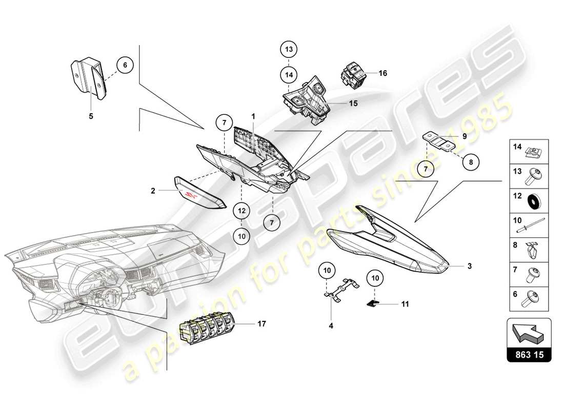 lamborghini 2015 (lp750-4 sv coupe) schema delle parti dell'unità interruttore