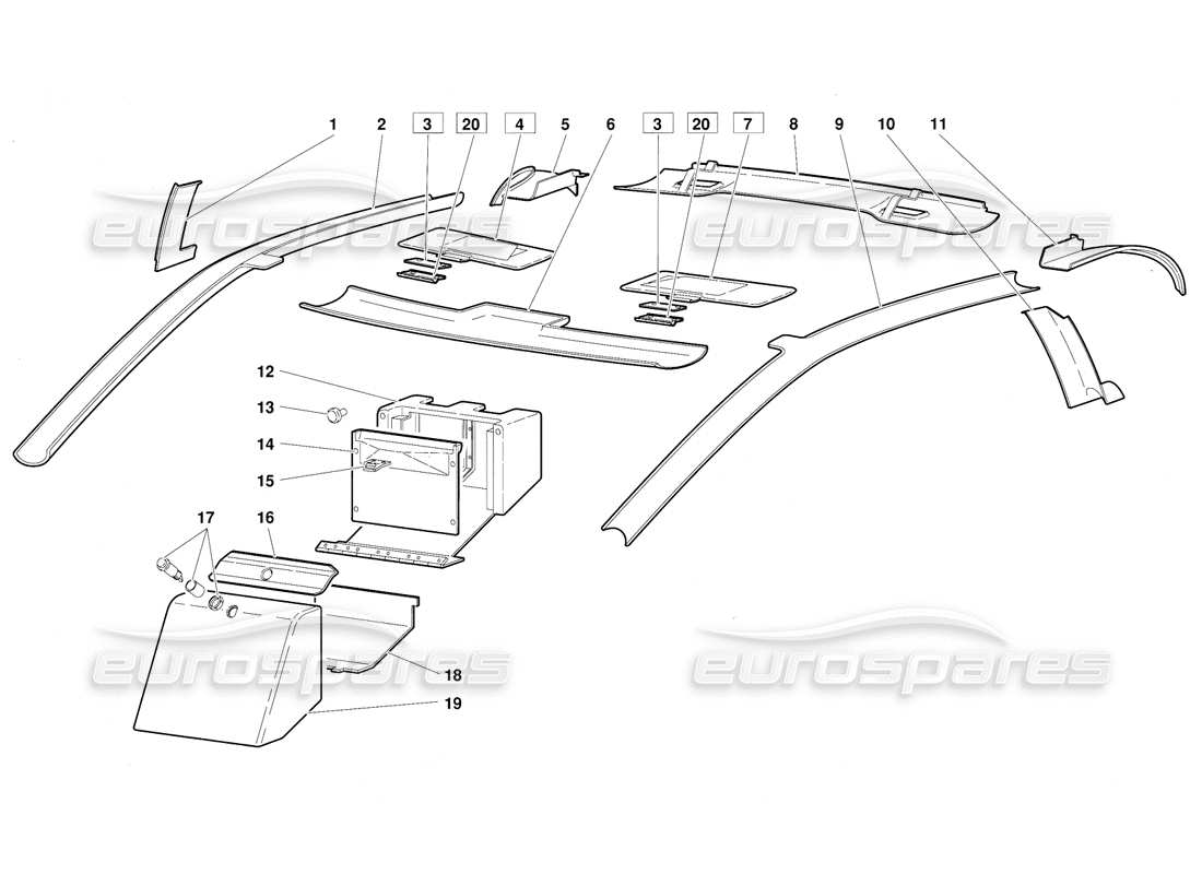 lamborghini diablo (1991) diagramma delle parti del rivestimento dell'abitacolo (valido per la versione 1992 di giugno).