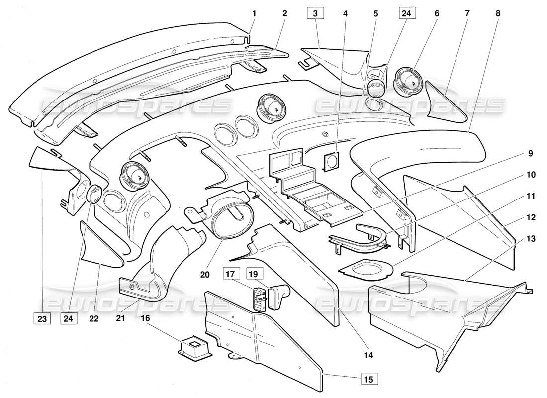 lamborghini diablo (1991) diagramma delle parti del rivestimento dell'abitacolo (valido per la versione 1992 di giugno).