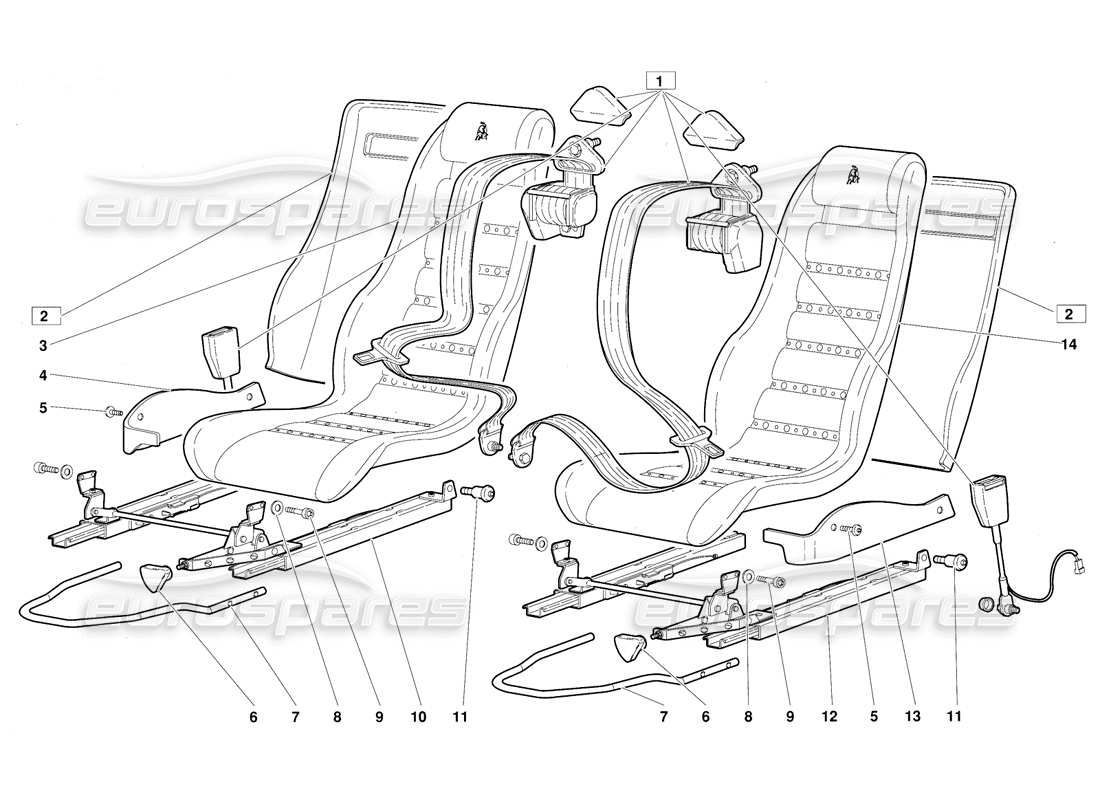 lamborghini diablo (1991) diagramma delle parti dei sedili e delle cinture di sicurezza (valido per la versione di giugno 1992).