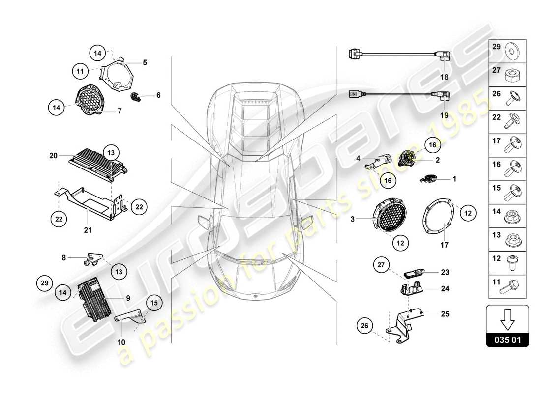 lamborghini evo coupe (2020) altoparlante diagramma delle parti