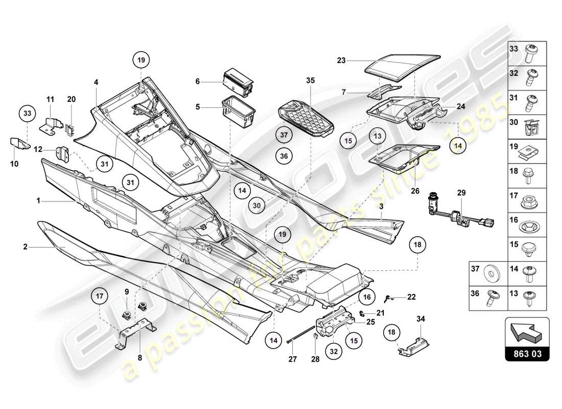 lamborghini 2015 (lp700-4 roadster) diagramma delle parti tunnel posteriore