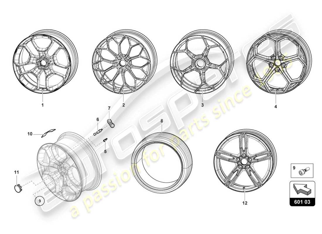 lamborghini evo spyder (2020) ruote/pneumatici diagramma delle parti