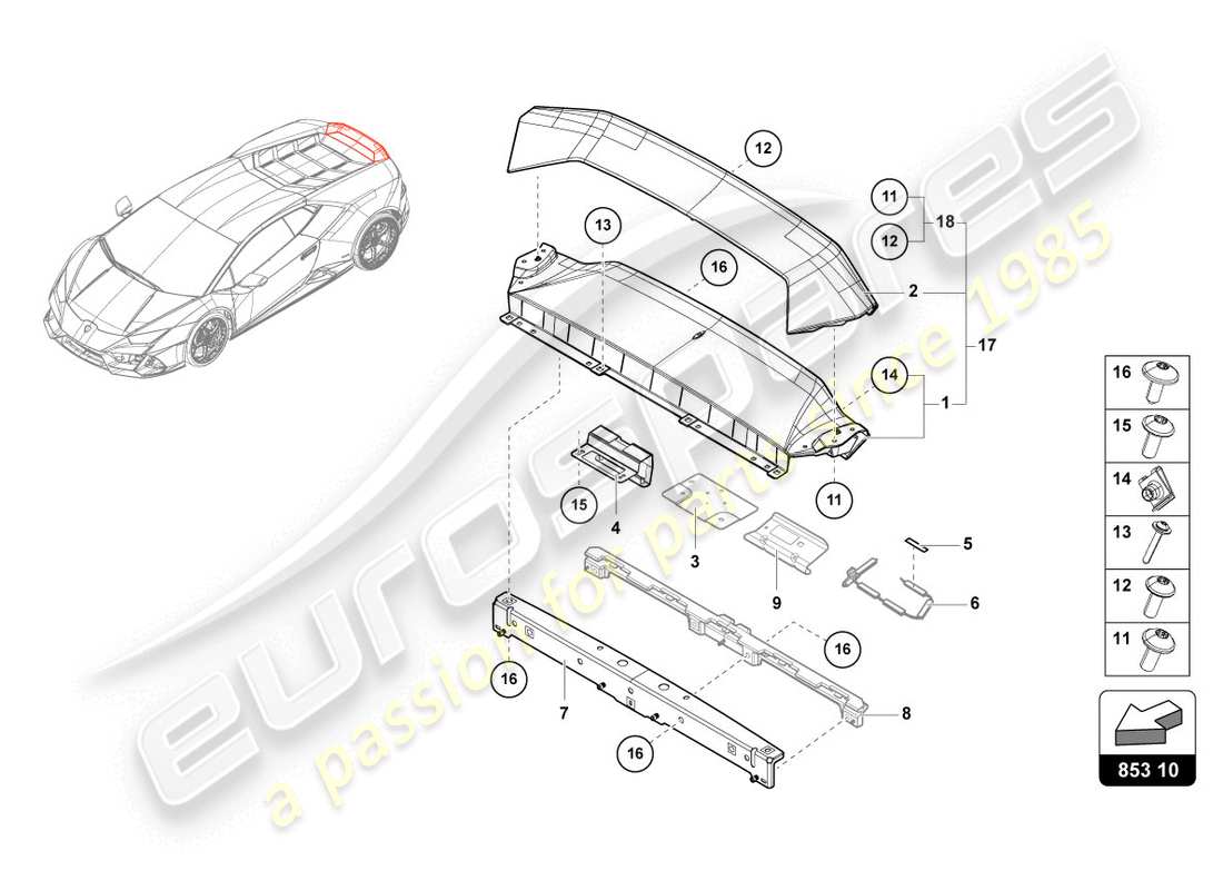 lamborghini evo coupe (2020) parte superiore del pannello posteriore schema delle parti