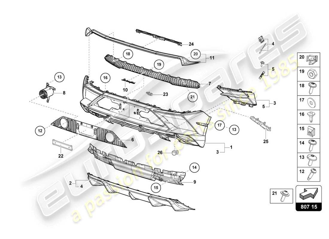 lamborghini evo spyder 2wd (2020) diagramma delle parti del paraurti