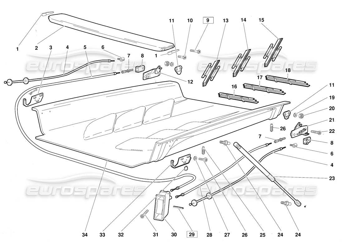 lamborghini diablo (1991) diagramma delle parti del cofano motore (valido per la versione 1992 di giugno).