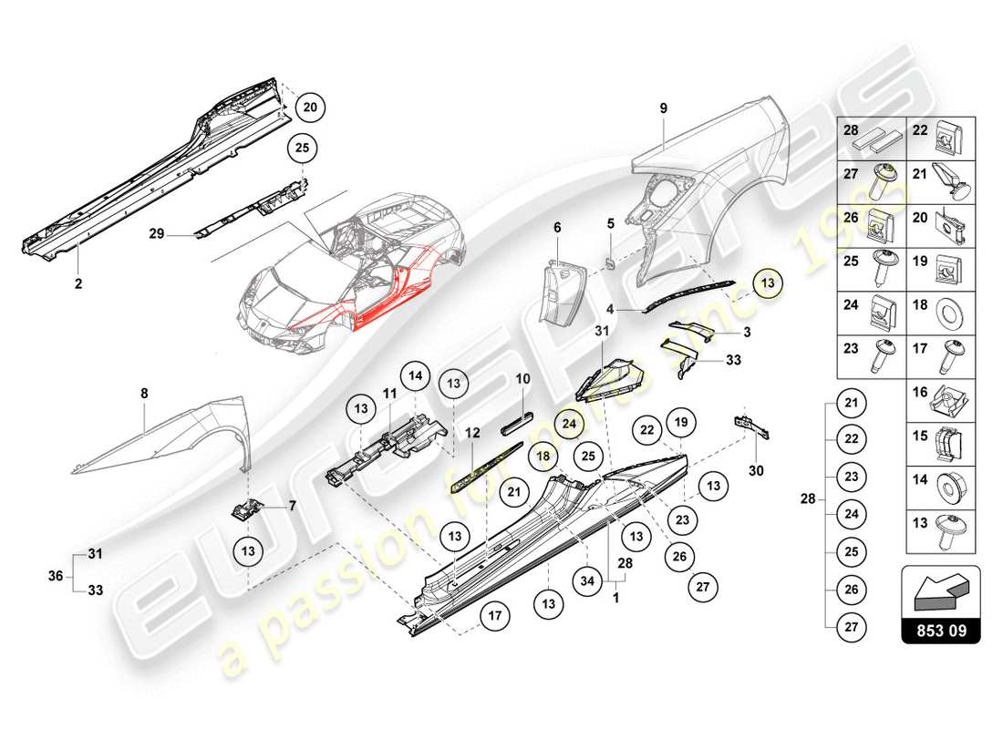 lamborghini 2020 (evo coupe) lato esterno inferiore per passaruota schema parte