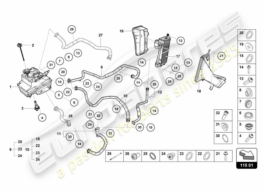 lamborghini 2019 (lp610-4 spyder) impianto idraulico e contenitore fluidi con connect. pezzi schema delle parti