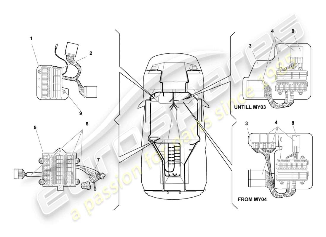 lamborghini murcielago coupe (2003) schema delle parti dell'impianto elettrico centrale