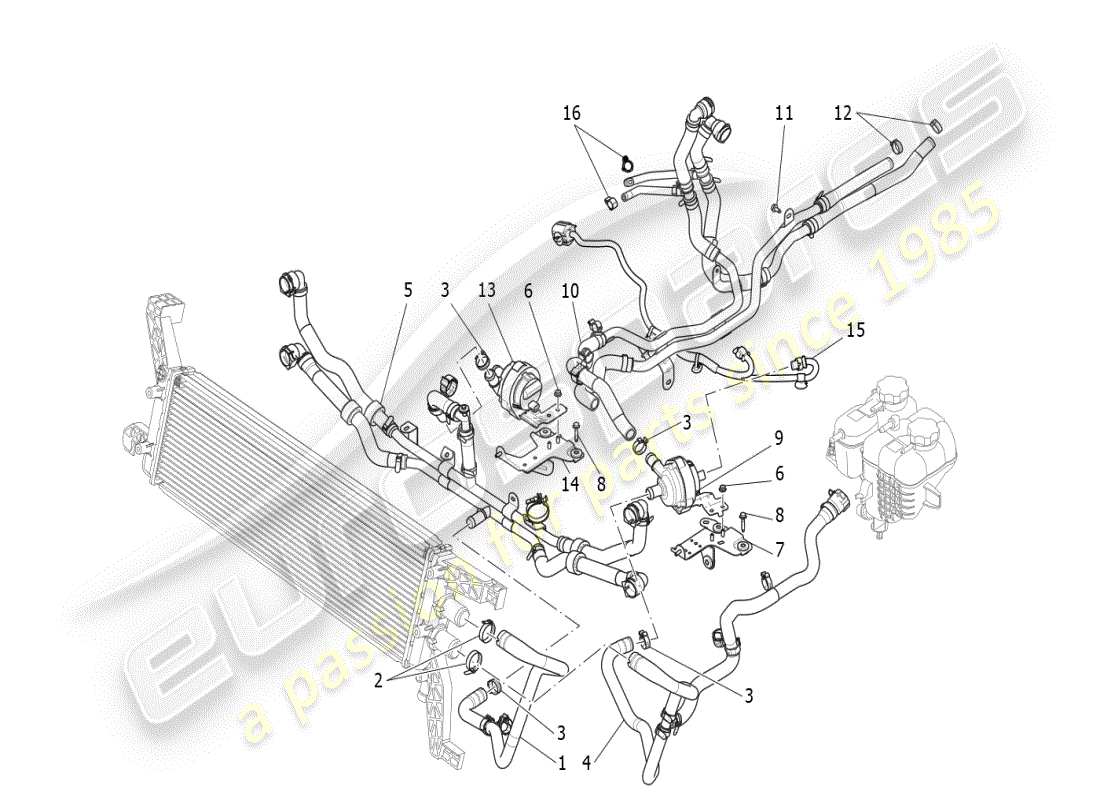 maserati ghibli (2021) sistema di raffreddamento: diagramma delle parti di nourice e linee