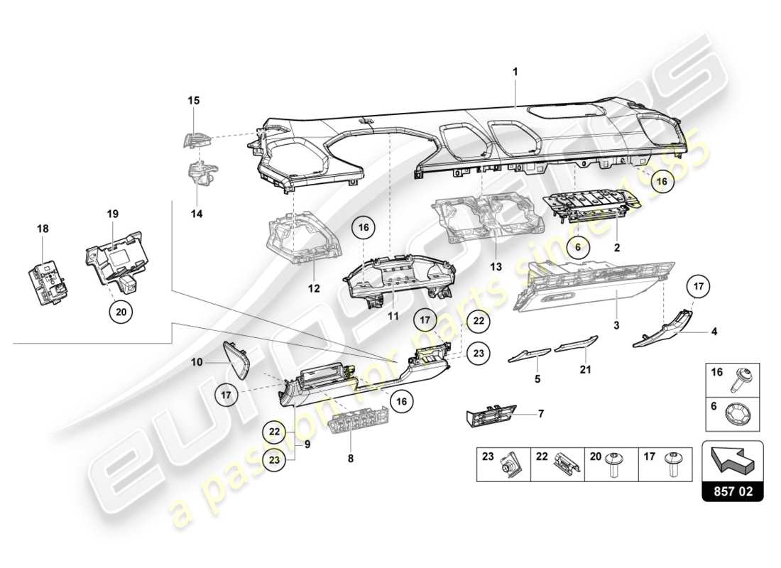 lamborghini 2019 (performante coupe) rivestimento del pannello strumenti schema delle parti