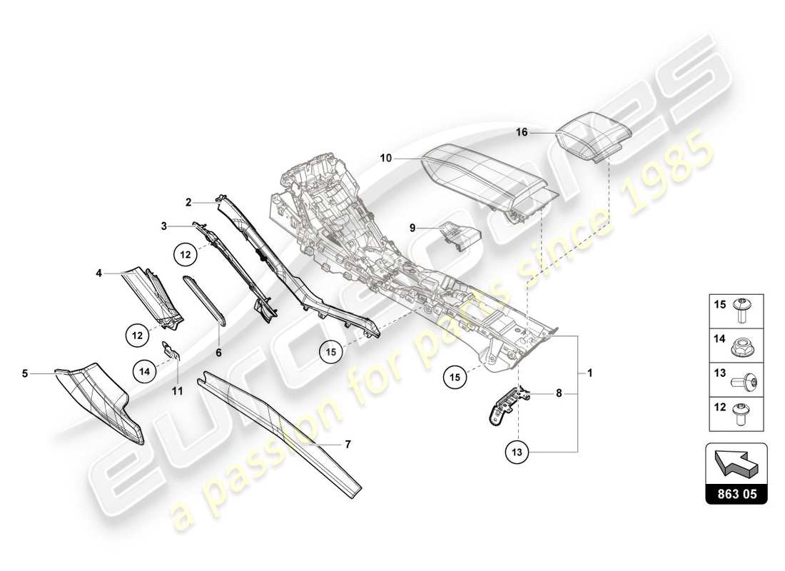 lamborghini performante coupe (2019) diagramma delle parti del rivestimento del tunnel