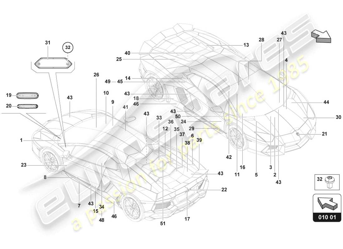 lamborghini lp720-4 coupe 50 (2014) tipo targhe diagramma delle parti
