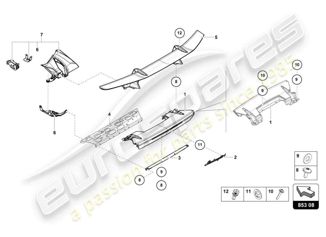 lamborghini performante spyder (2020) diagramma delle parti spoiler del cofano