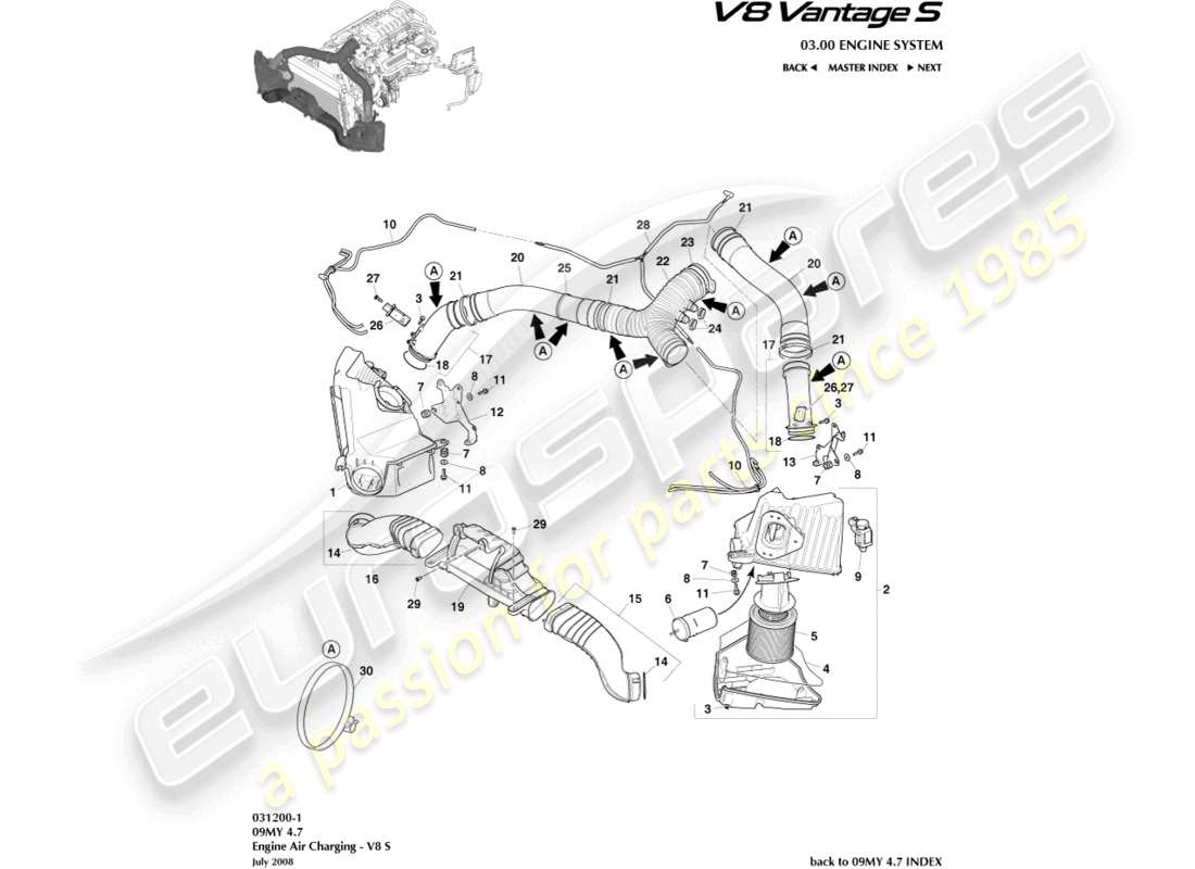 aston martin v8 vantage (2012) ricarica dell'aria, diagramma delle parti v8s