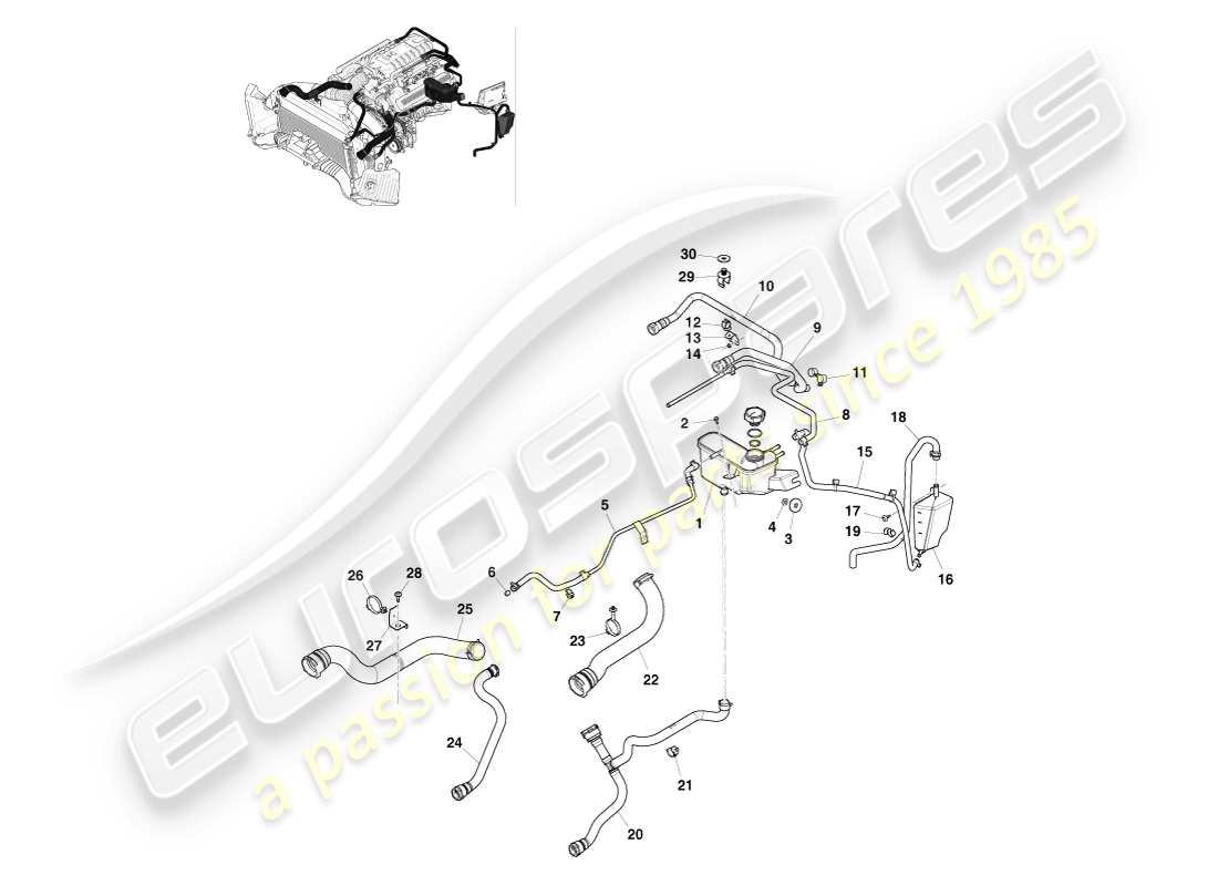 aston martin v8 vantage (2005) diagramma delle parti dei tubi del liquido di raffreddamento e del serbatoio