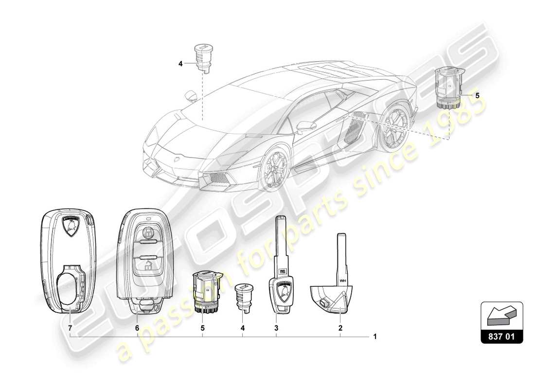 lamborghini lp700-4 coupe (2013) cilindro serratura con chiavi schema delle parti