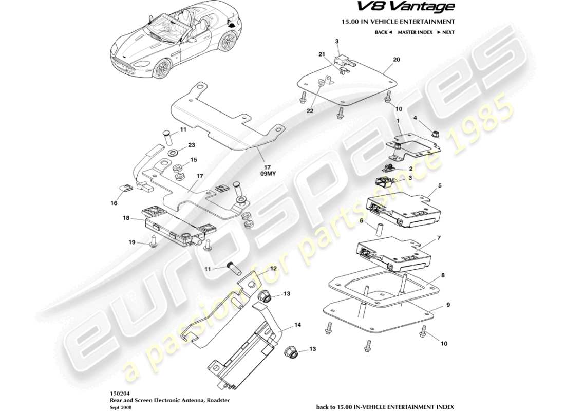 aston martin v8 vantage (2018) antenna posteriore e schermo, diagramma delle parti della roadster
