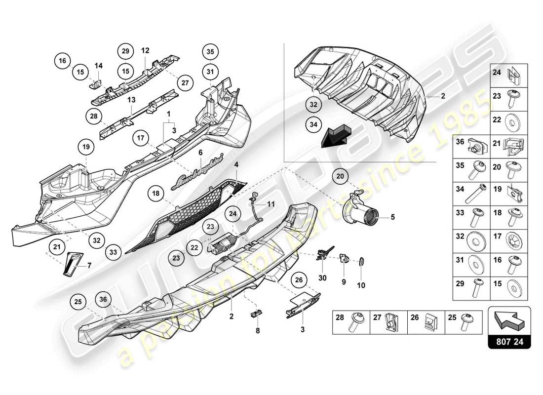 lamborghini 2019 (lp770-4 svj coupe) paraurti posteriore completo schema delle parti