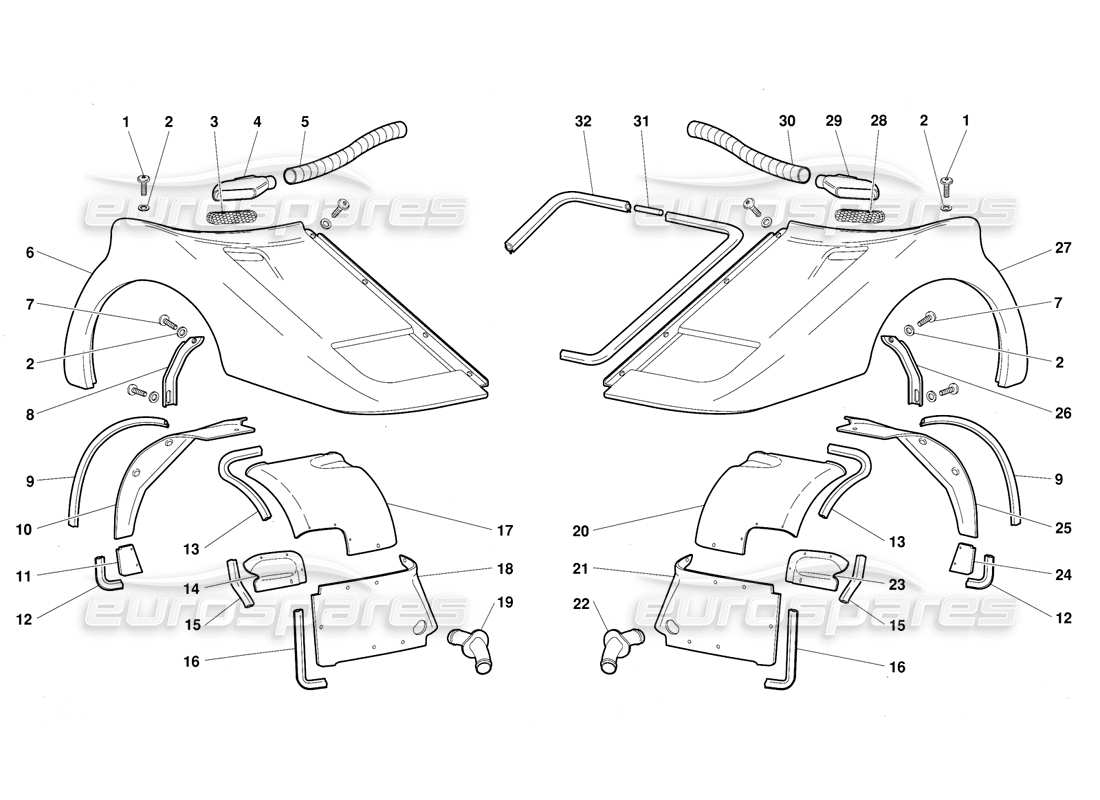 lamborghini diablo (1991) diagramma delle parti degli elementi del corpo anteriore