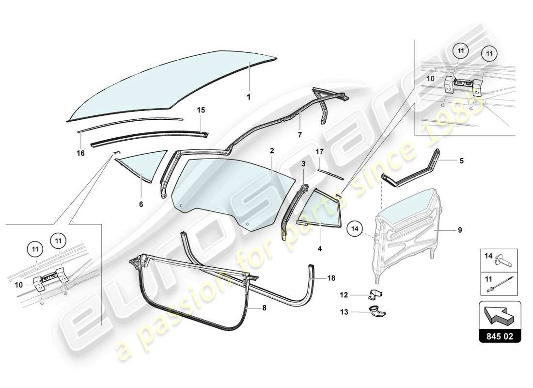 lamborghini lp700-4 roadster (2014) vetri da finestra diagramma delle parti