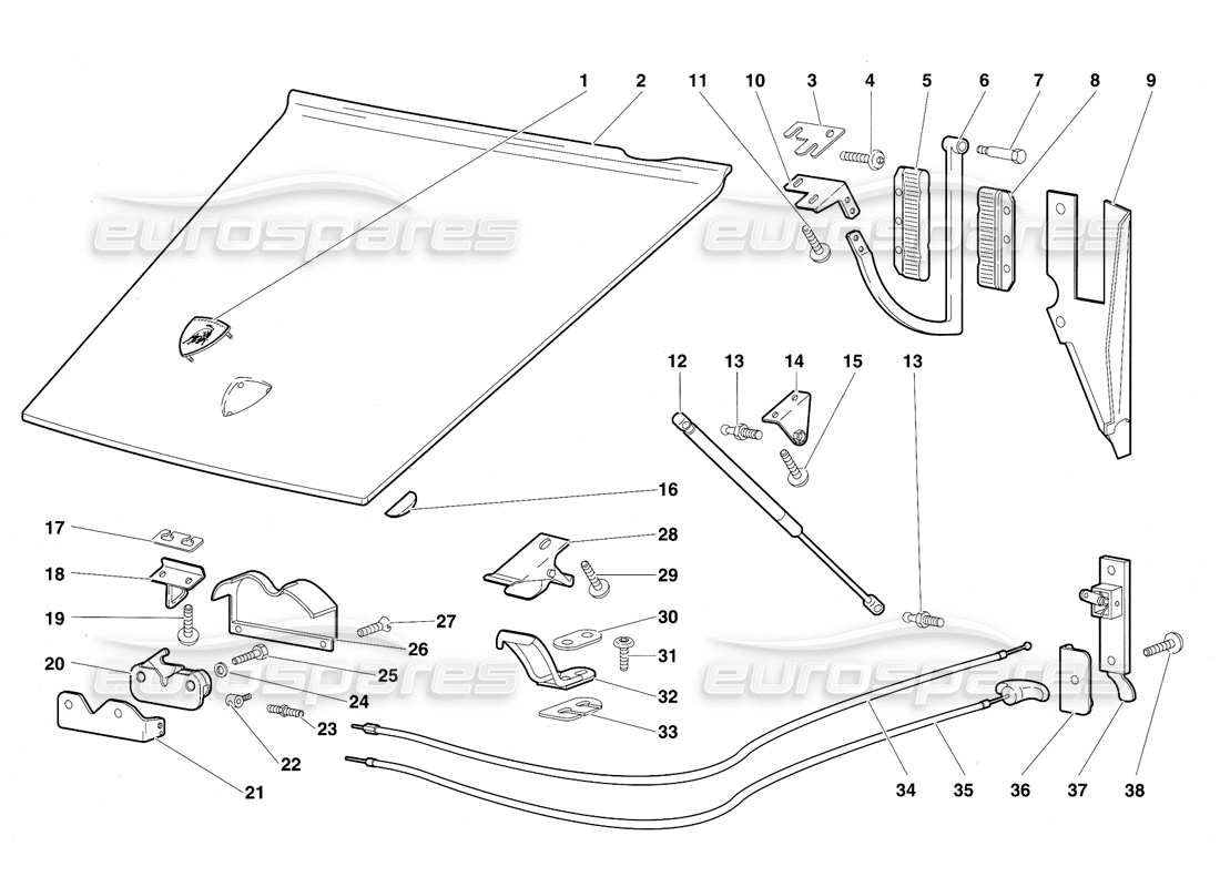 lamborghini diablo (1991) diagramma delle parti del cofano anteriore