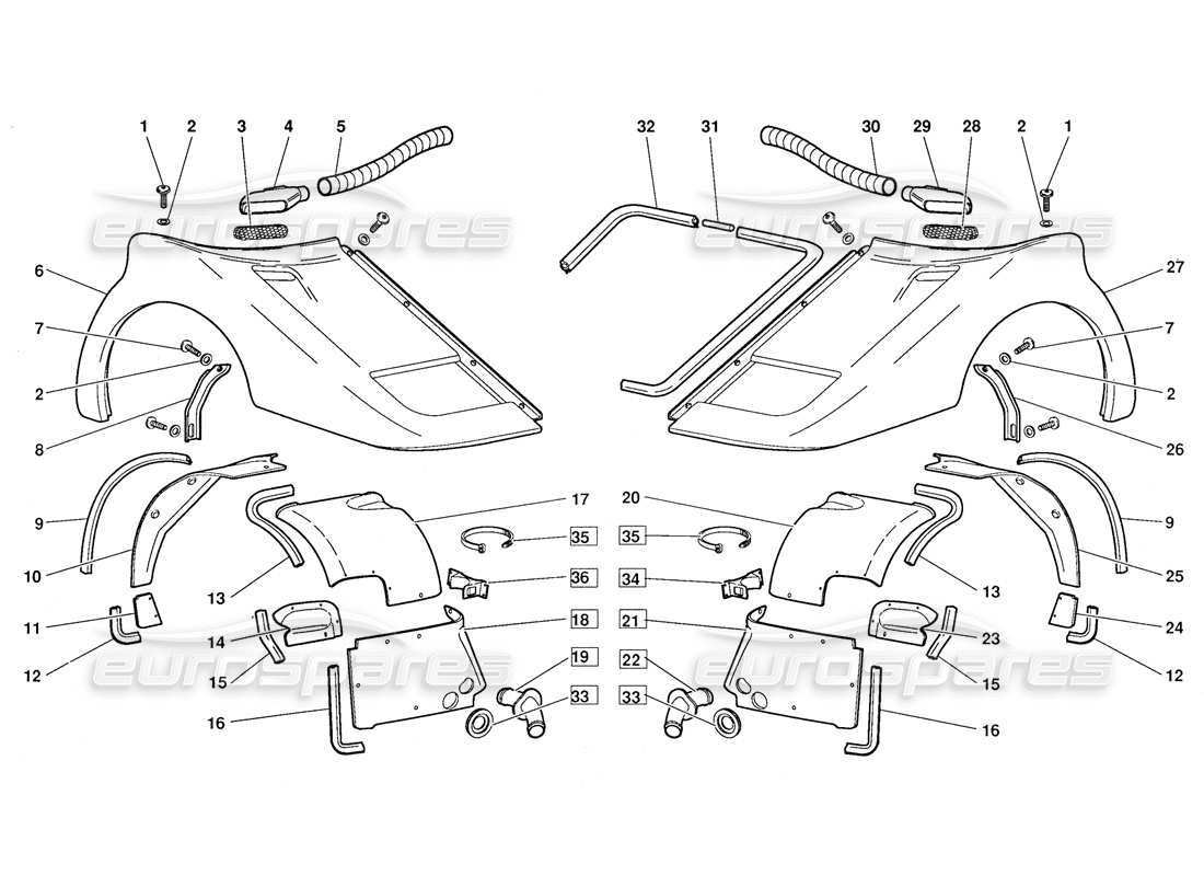 lamborghini diablo (1991) diagramma delle parti degli elementi del corpo anteriore (valido per la versione di ottobre 1991).