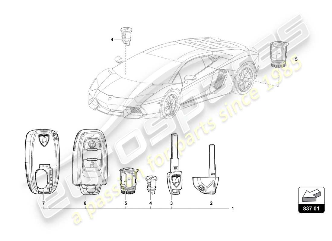 lamborghini lp700-4 coupe (2012) cilindro serratura con chiavi schema delle parti