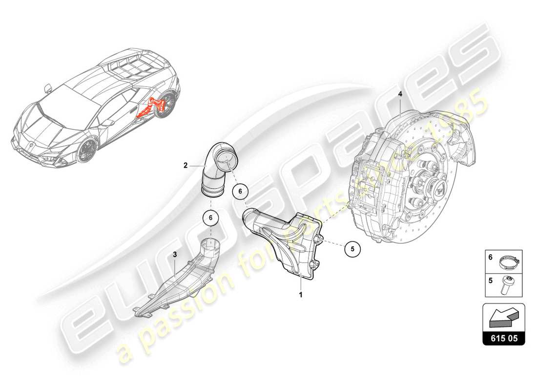 lamborghini evo coupe (2020) condotto aria per raffreddamento freni diagramma delle parti