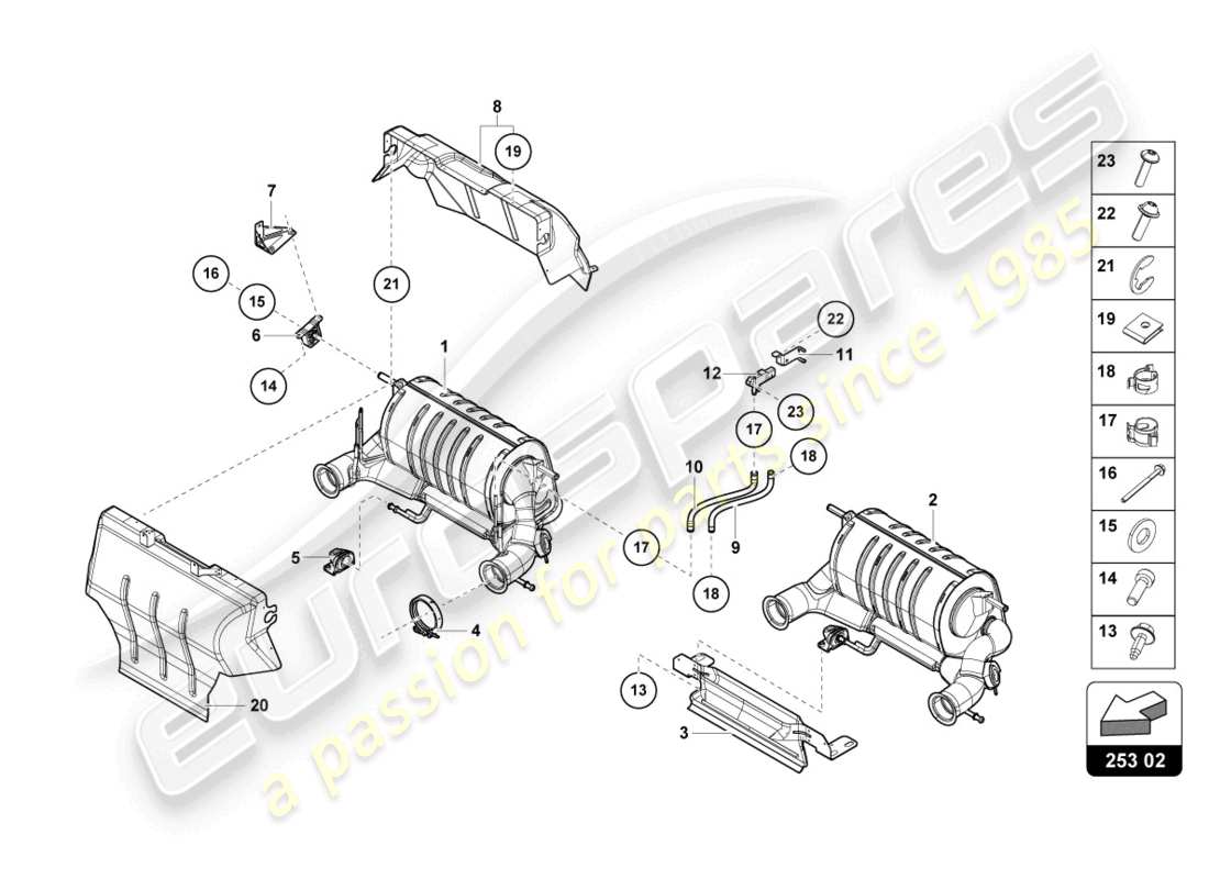 lamborghini lp740-4 s coupe (2021) silenziatore con catalizzatore schema delle parti